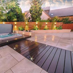British Stone Beige outdoor porcelain tile on external hot tub terrace