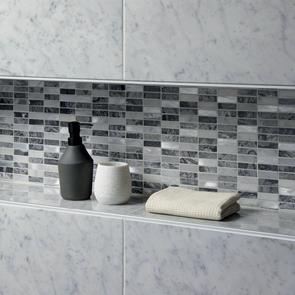 Creswell Grey Stone & Metal Mix Linear Mosaic in bathroom wall niche