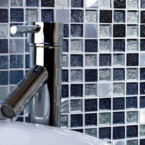 Close up of Atlas Fusion Glass/Metal Mix Mosaic on bathroom ensuite wall