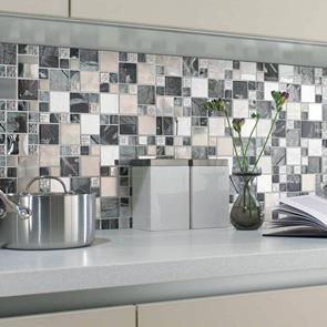 Close up of Saturn Silver Glass/Metal Mix Modular Mosaic on contemporary kitchen wall