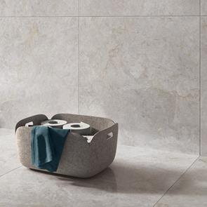 600x600 Marmori tile on the wall and floor with natural stone basket