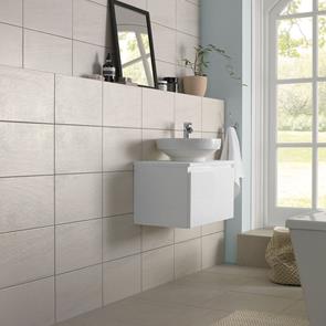 Fairford light grey tile in a modern bathroom with gloss white vanity and black mirror