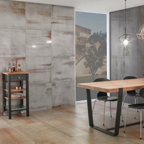 Castelon Medium Grey Tile used as a feature wall in a dining room with contrasting feature wall