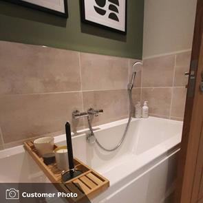 Cayaman Chalk Tile used as a back splash in a modern a bathroom setting with contrasting wall