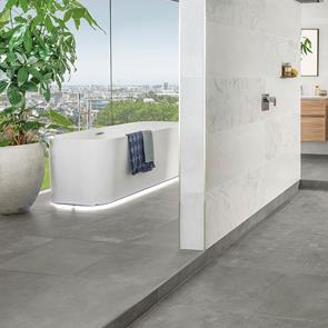 Urban Dark Grey Matt Tile shown in modern big bathroom on the floor