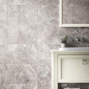 Dolomite grey gloss tile on a bathroom wall with cream vanity