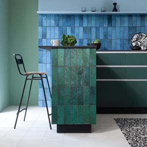200x65 Dyroy green tile on a kitchen island with dyroy blue in the background with black and oak bench