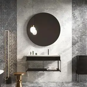 Nebula White Gloss marble effect wall tile on contemporary, spa like bathroom wall with large mirror and brown and gold accessories