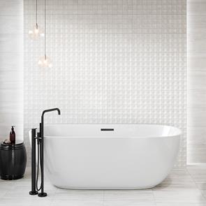 Bliss White stone effect Concept Décor tile on contemporary bathroom feature wall with freestanding bath and mixer unit