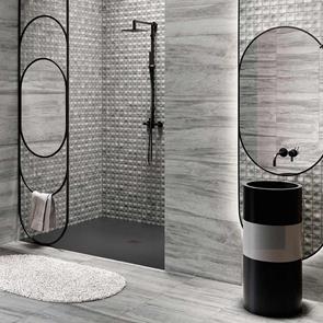 Bliss Grey stone effect tile shown on modern spa like bathroom shower wall