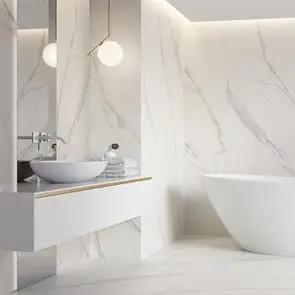 Calacatta Tile Collection showing White Tile in bathroom