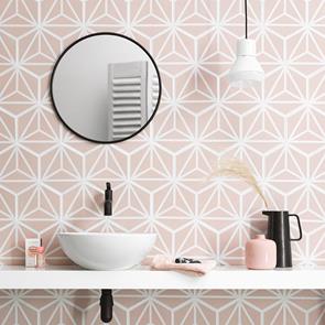 Varadero Rose pink hexagon tiles displayed on bathroom wall