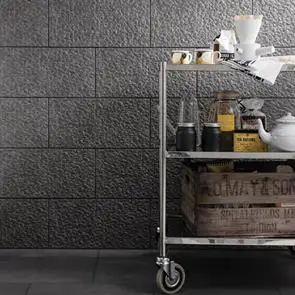 Barrington concept graphite décor Eco Tiles on kitchen wall with drinks trolley