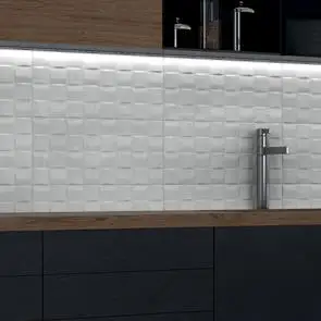 Close up detail of kitchen splashback using Barrington white Art décor tile