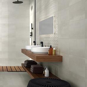 Barrington cream Art décor and plain cream tiles on bathroom wall featuring walk in shower