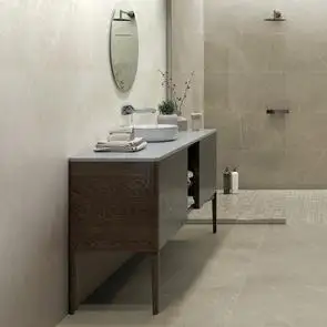 Inari crema Eco Tile in a open space with Dark oak furniture and wall mounted mirror and shower fittings