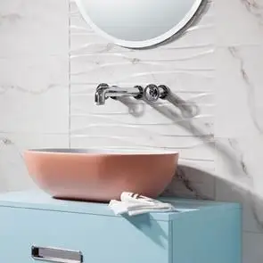Kingston marble look gloss white wall Eco Tiles shown in bathroom with coordinating wave décor