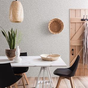 Rustic modern dining area with Gemini Knole white textured décor feature wall and beige floor tiles from the Gemini Wood collection