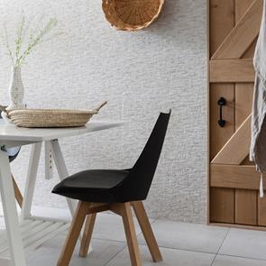 Knole white tile on dining room floor with textured feature wall