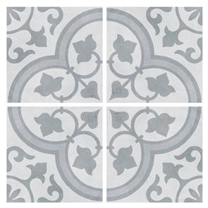 Cuban silver ornate tile in a large open plan bathroom with contrasting cuban white ornate tile being used as a feature wall with wall hung mirror and sinks