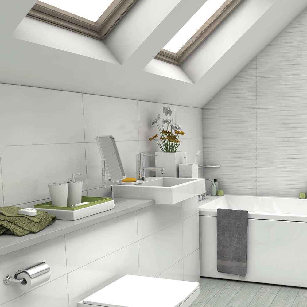 Artic white tile in a bathroom setting with wave feature panel, full velux windows and build in furniture