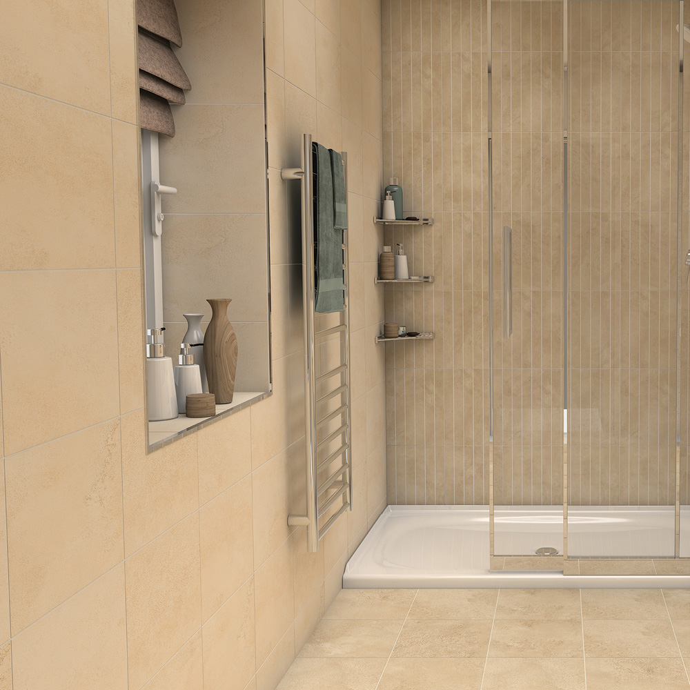 600x300 Natural beauty sand tile in a modern bathroom setting with walk in shower enclosure