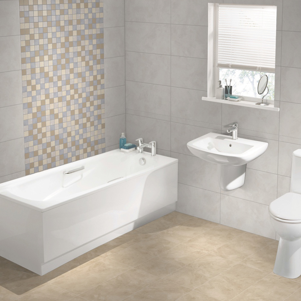 modern bathroom setting with a fully tiled bathroom enclosure and modern bathroom suite
