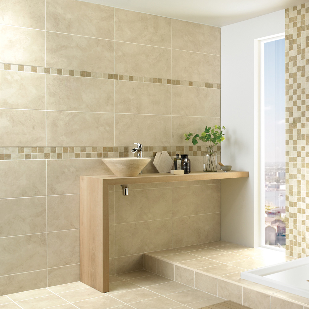 Natural beauty marfil tile in a modern bathroom setting with step up to a shower enclosure