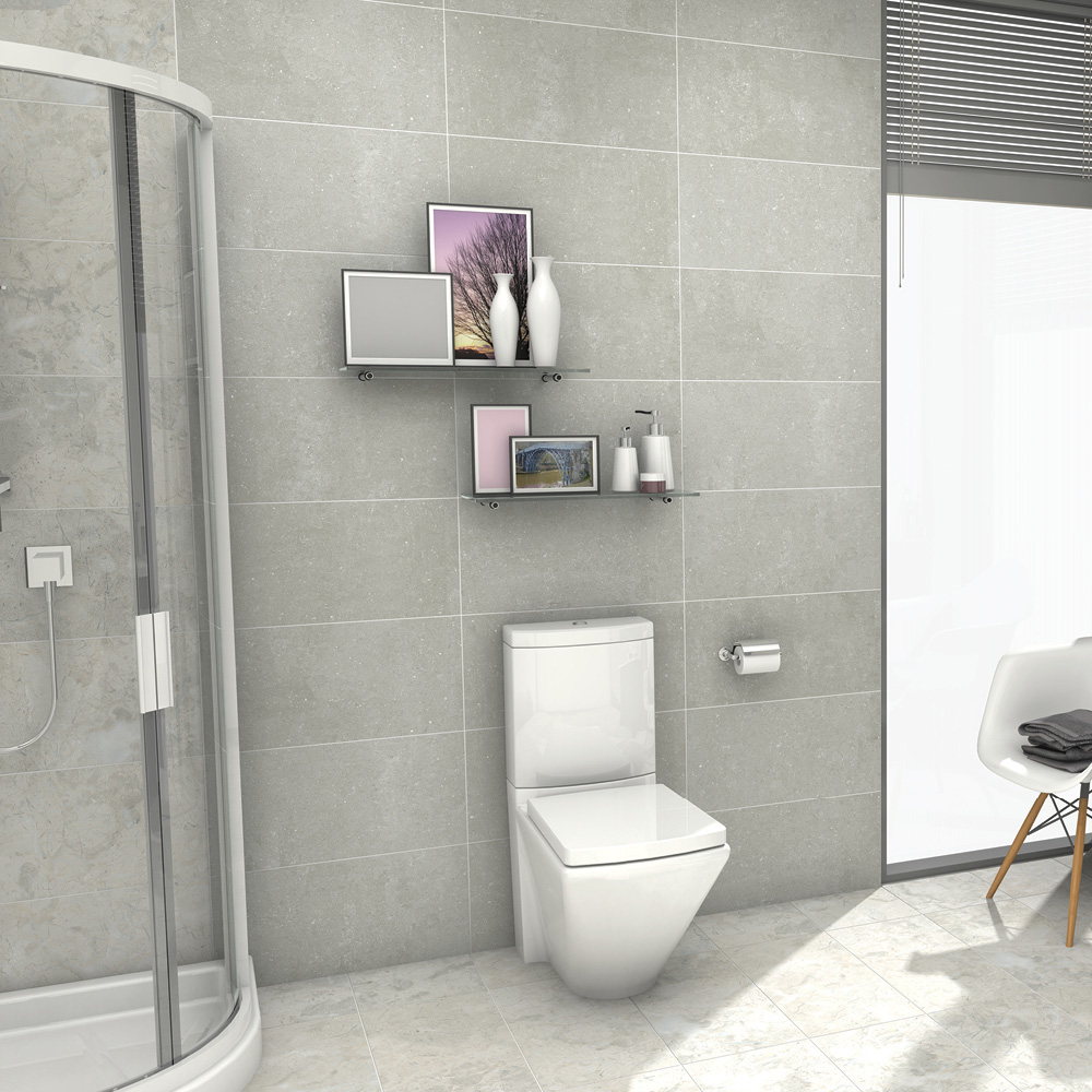 The york fossil matt tile In a bathroom setting with back to wall pan and quadrant shower enclosure