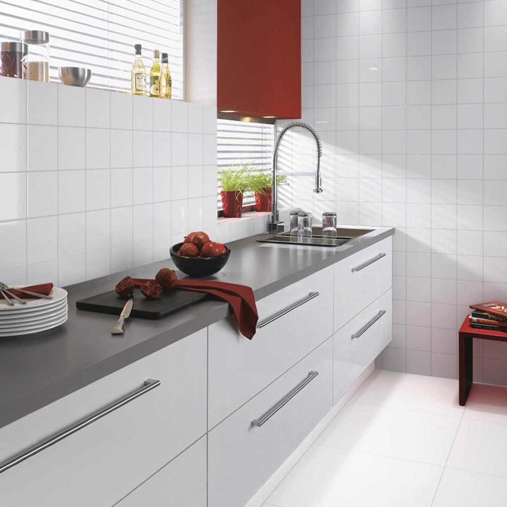 150x150 Reflections white in a modern gloss white kitchen with contrasting grey granite worktops
