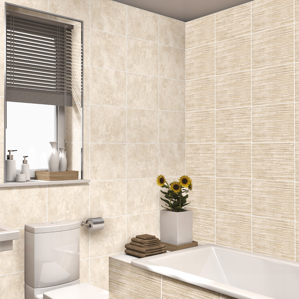 Accona Light rock satin linear tile on a bathroom wall with matching plain tile