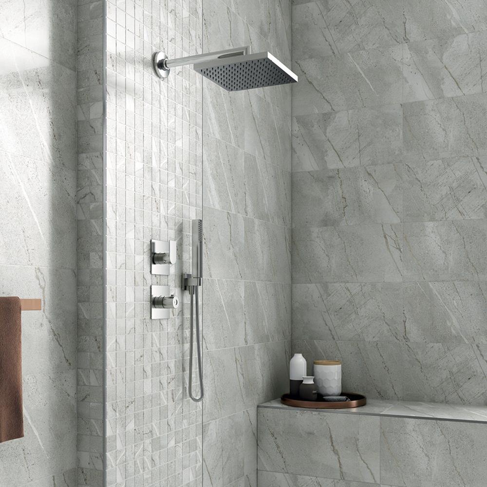 Palace cool slate matt tile in a chrome shower enclosure with mosaic tile feature band