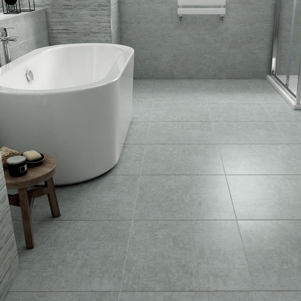 495x495 Titanium matt tile in a open bathroom setting with a freestanding bath and square shower enclosure