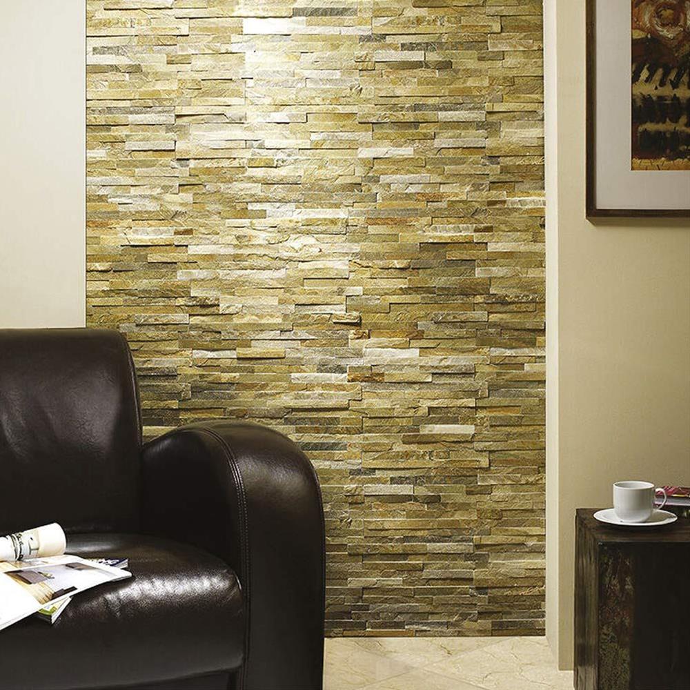 Feature wall of Split Face Brick Mosaic Oyster tile on living room wall
