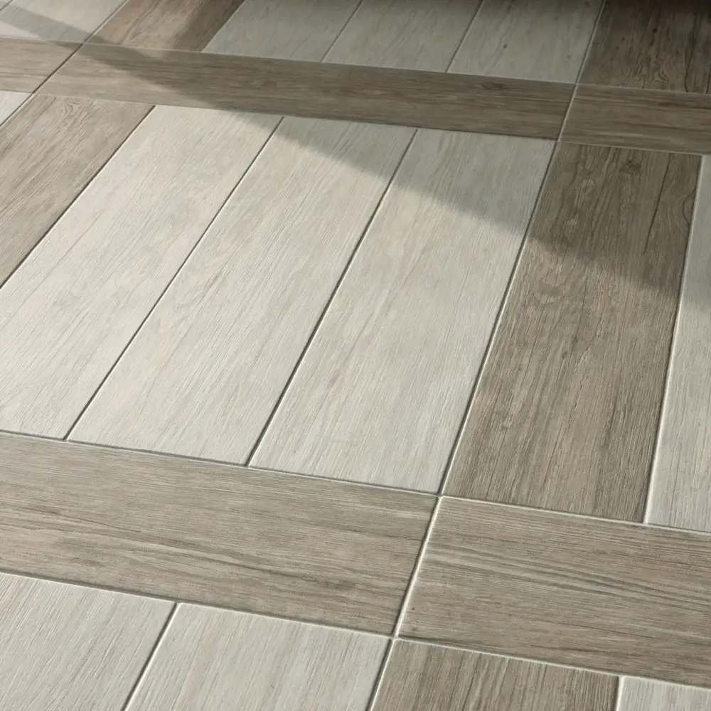 Jungle alaska backcountry glazed porcelain wood effect tile 610x150mm closeup on floor