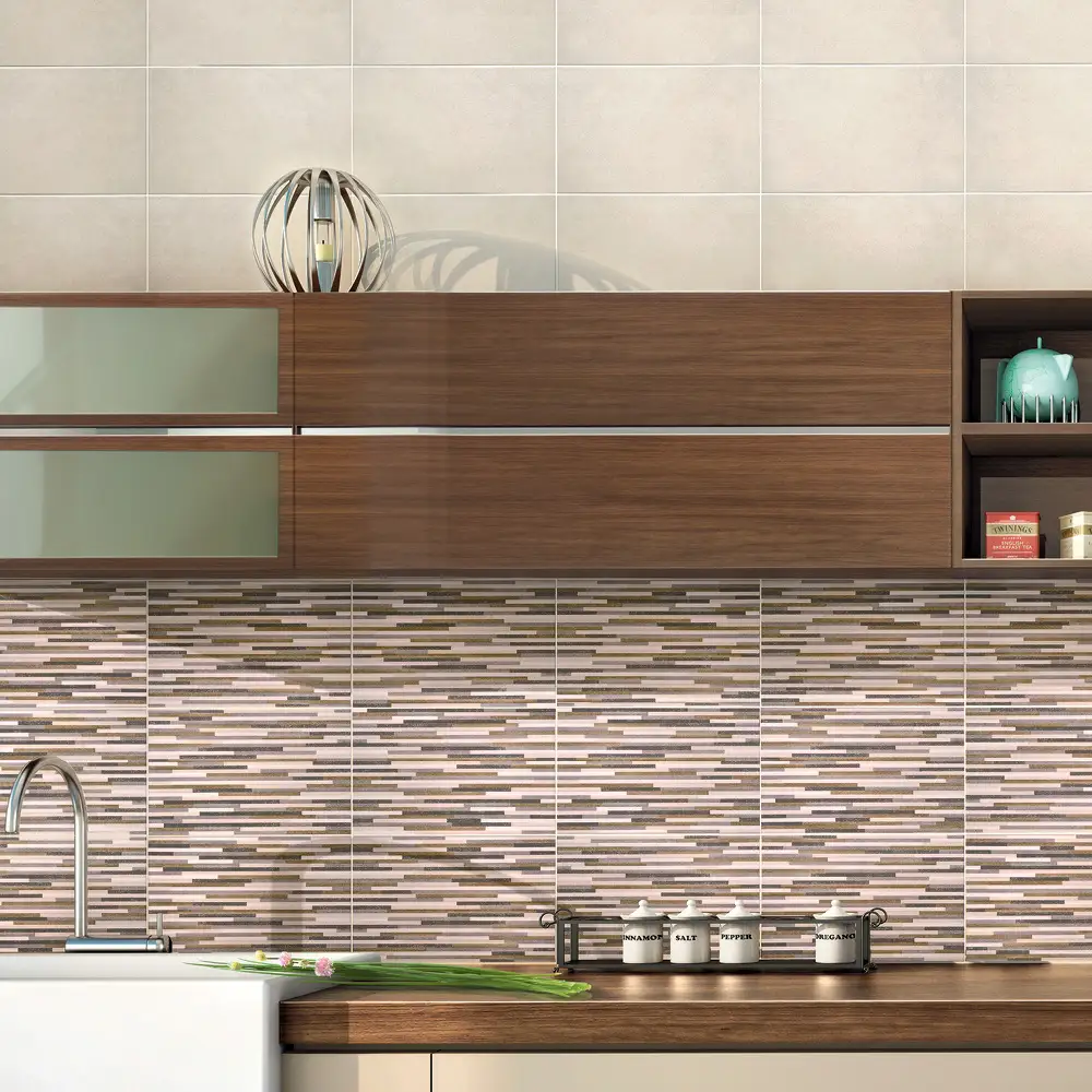 Evoke beige glazed ceramic décor tile 400x250mm on kitchen splashback