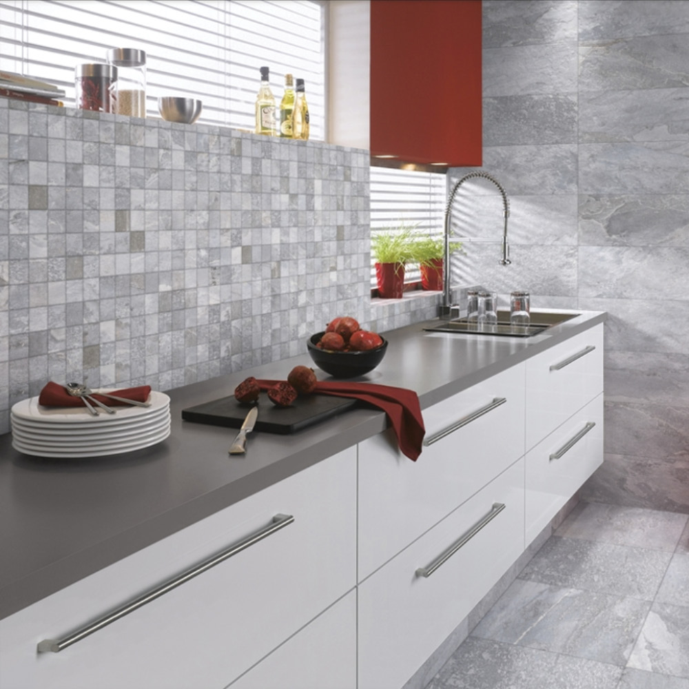 modern kitchen with the nature grey mosaic being used as a splash back with accenting plain tile