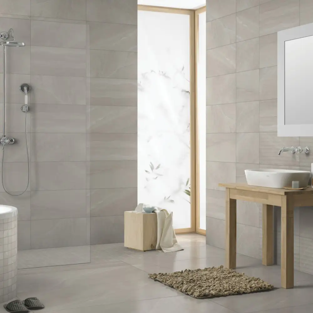 British Stone Ceramic Beige wall tile with matching floor tile in a Warm Looking bathroom setting