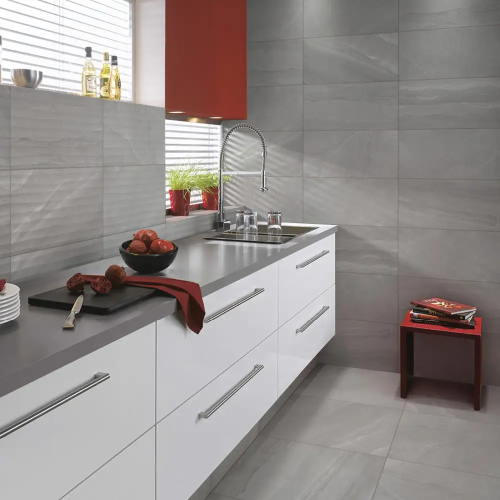 British stone Grey ceramic tile on Modern kitchen wall with matching floor tile