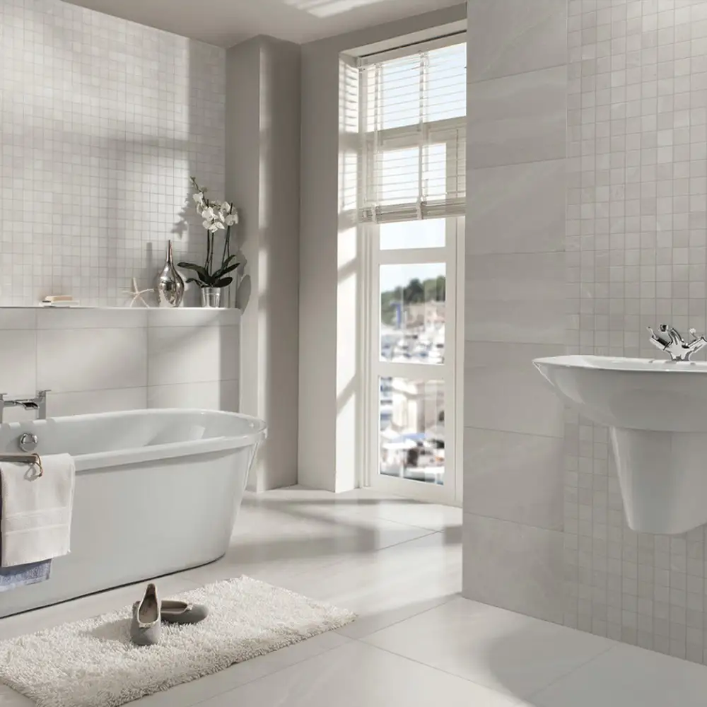 British stone beige mosaic tile with matching plain wall tiles and floor tiles in a modern bathroom setting