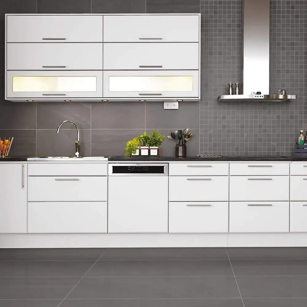 British stone porcelain anthracite Mosaic tile in a modern white gloss kitchen with matching floor tiles