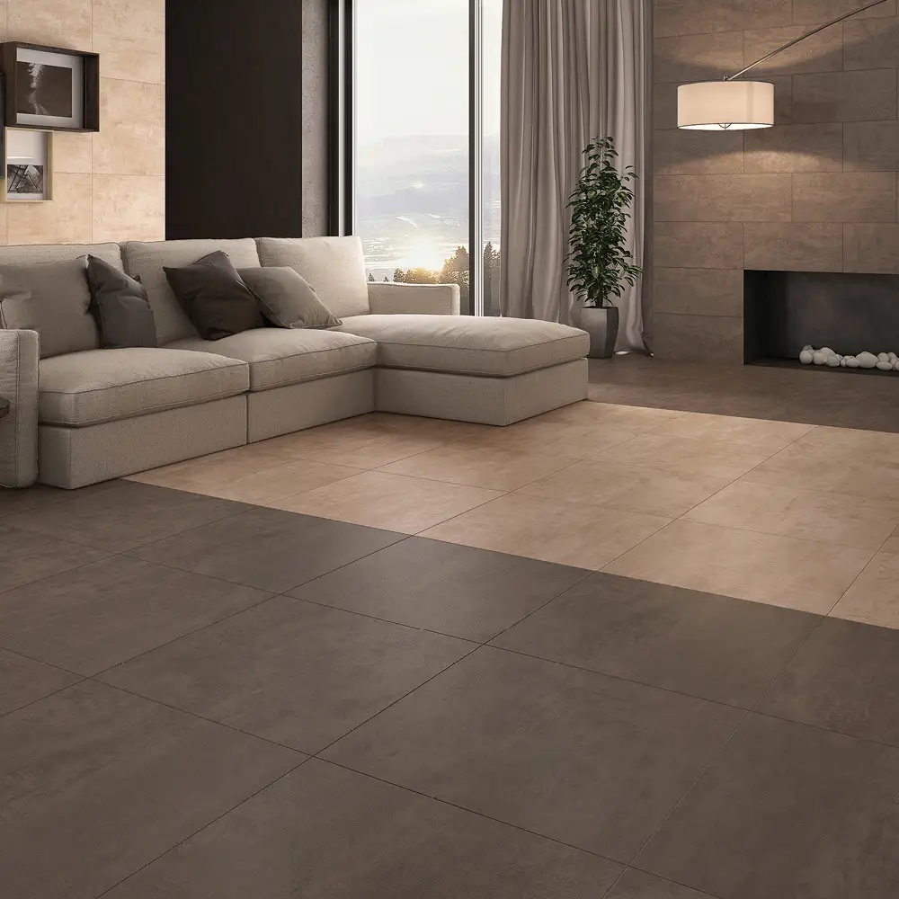 The Metro Schlamm tile in a open plan living room with sofa and wall mounted fire