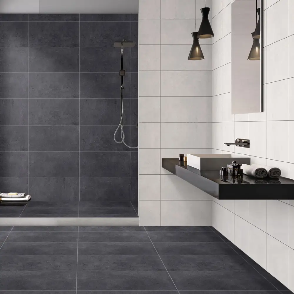 the traffic anthracite matt tile in a spacious bathroom with contrasting traffic matt white wall tiles