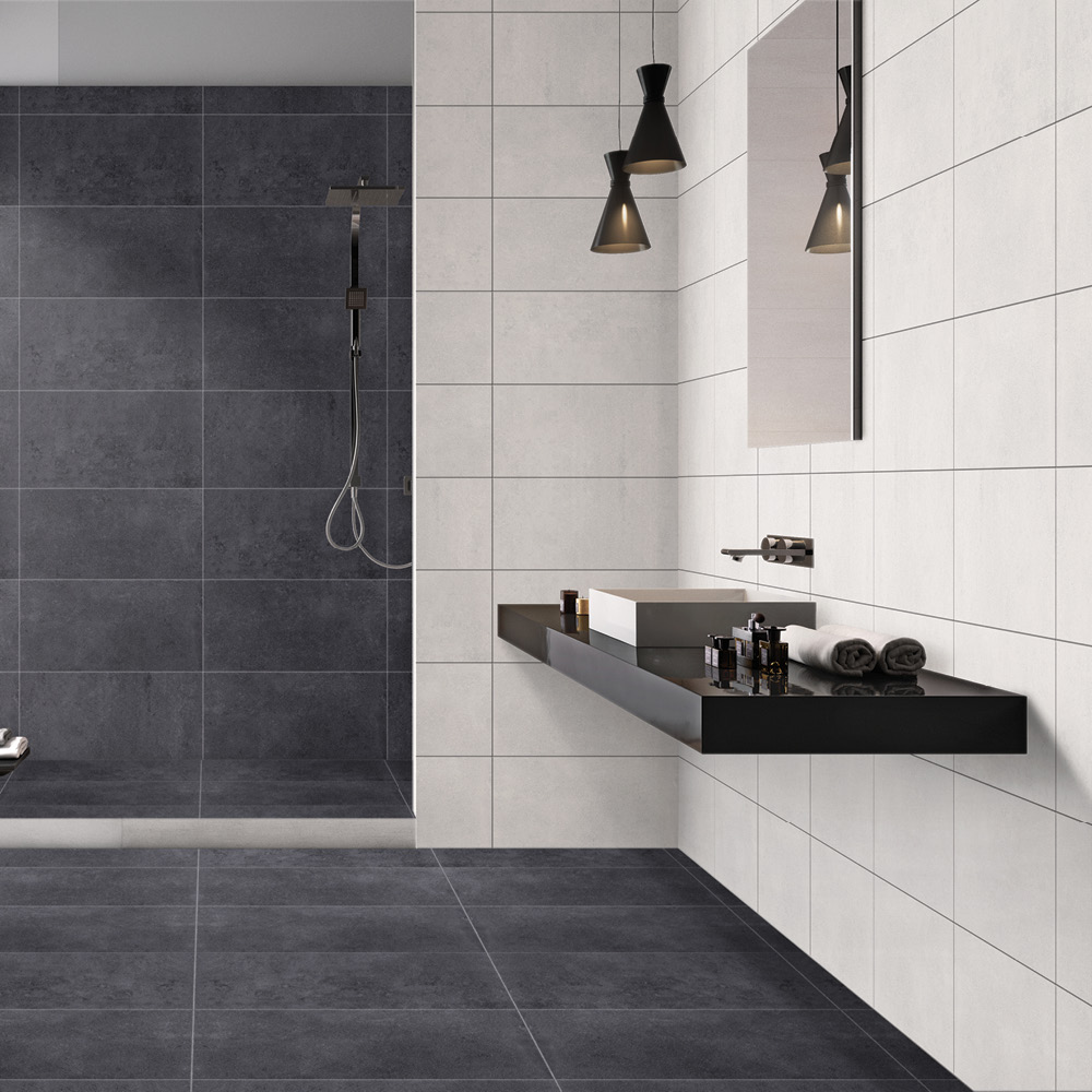 Modern bathroom setting with the traffic white structured tile with the traffic anthracite being used as a décor