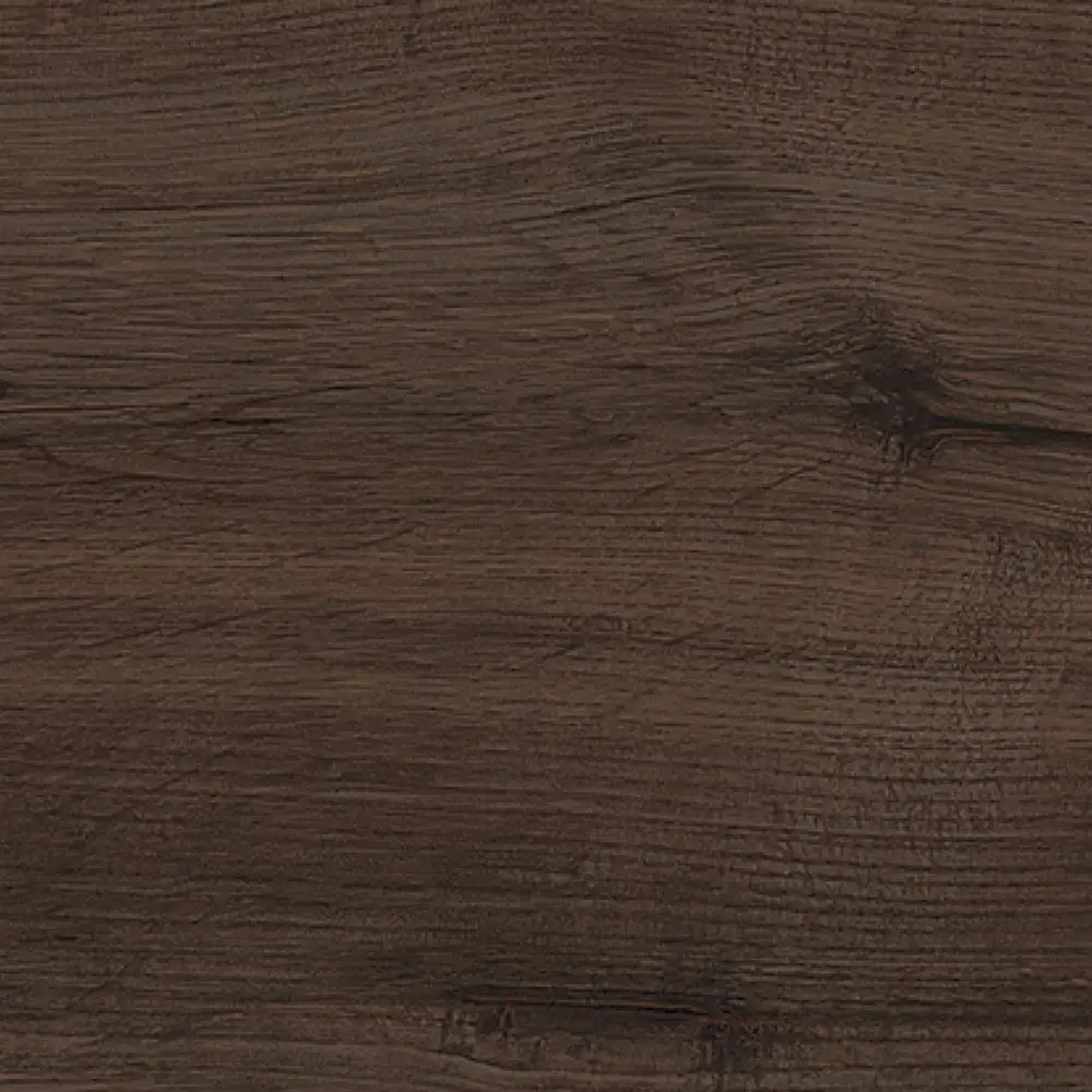 Close up of dark brown wood grain wall and floor tile.