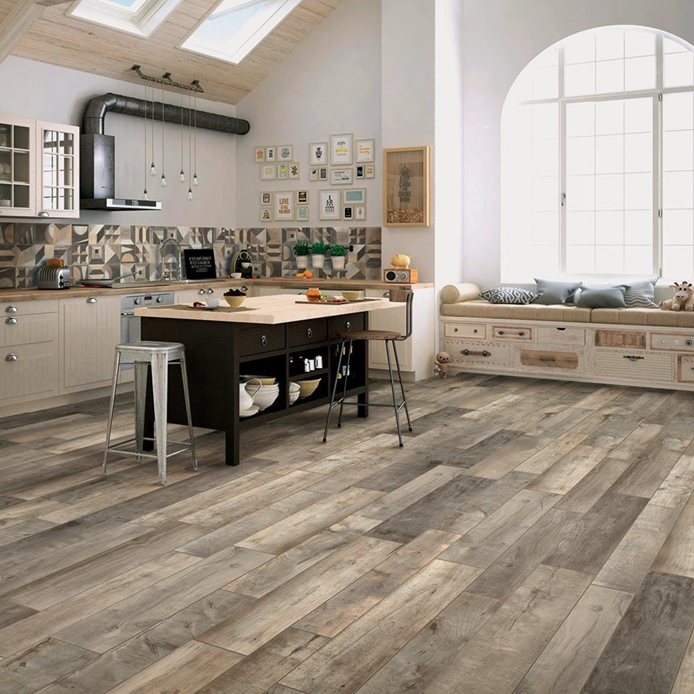 Gemini Wood tile collection in Greige on Kitchen Floor