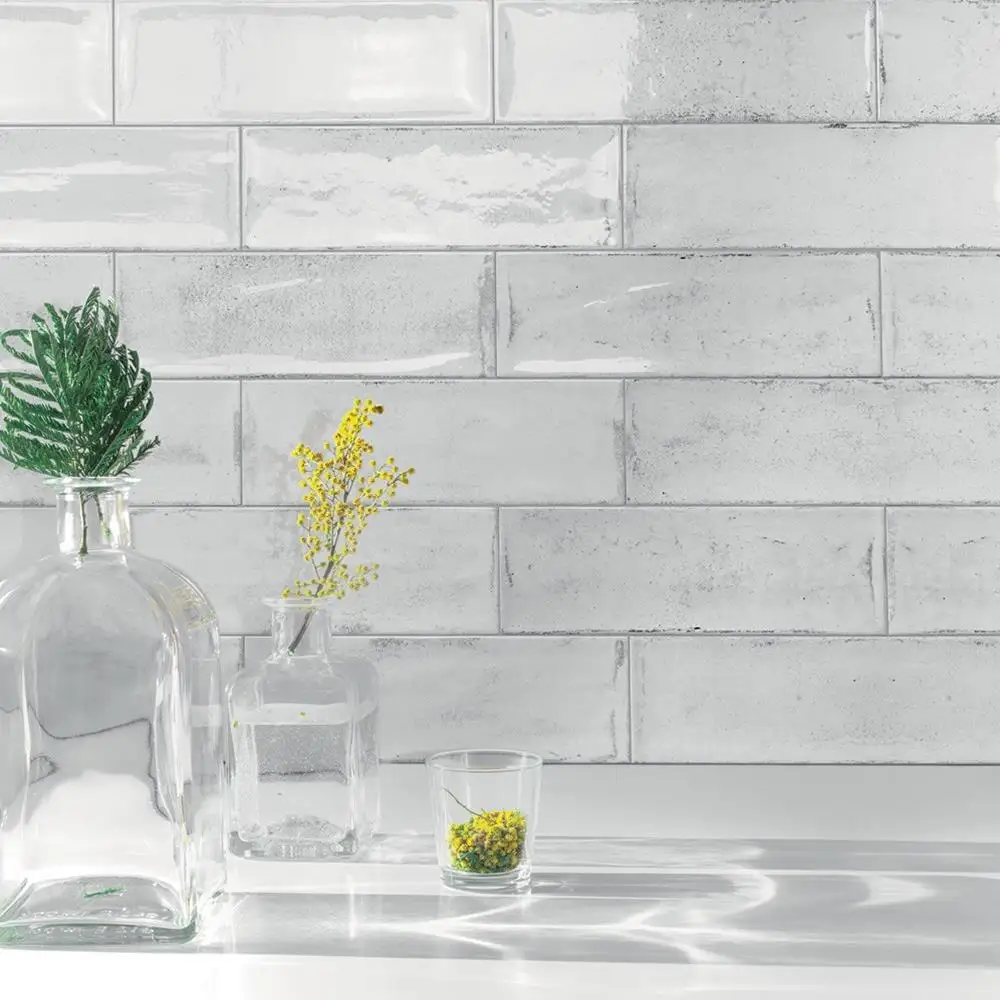 Arles Snow Gloss Metroy Style wall tile brick bonded onto kitchen wall