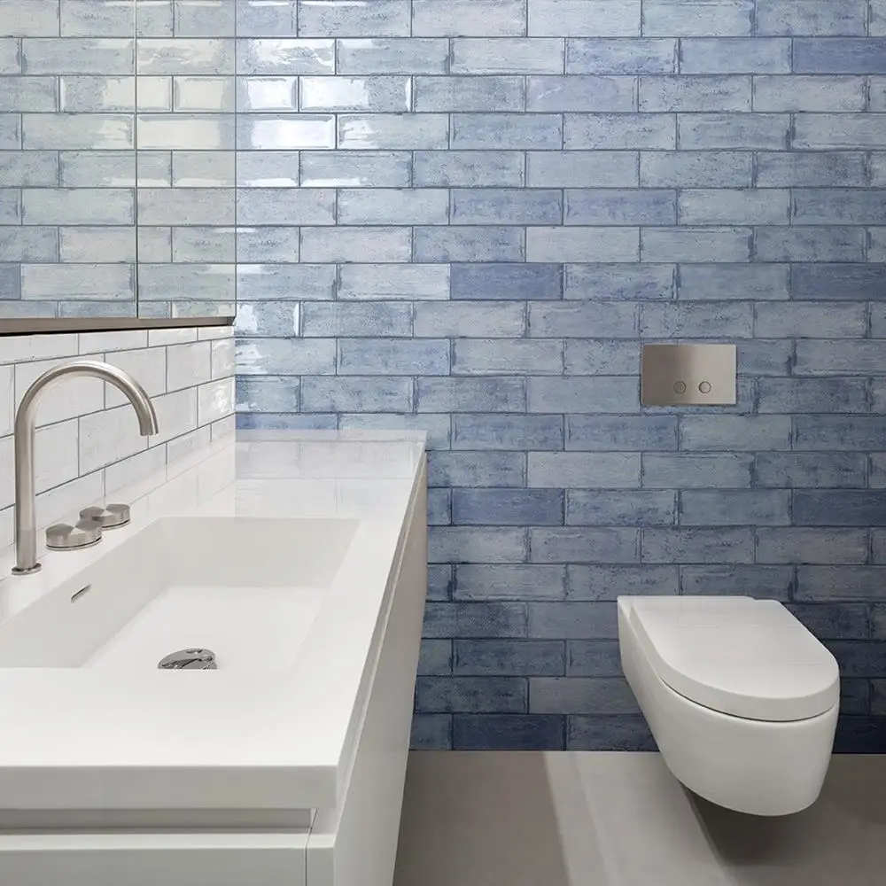 Arles Sea Gloss Blue Tile with Arles Snow Gloss Tile Brick Bonded onto Bathroom wall