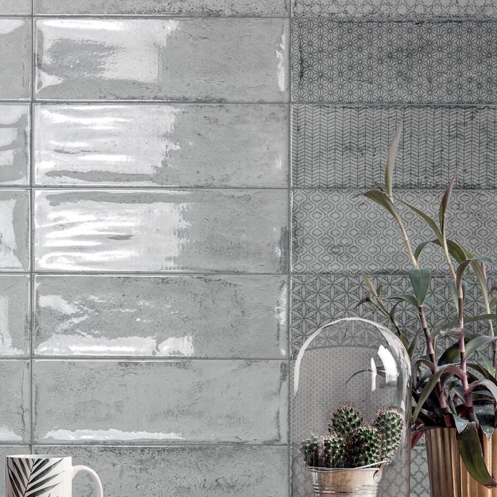 Arles silver décor mix metro tile Stacked on Bathroom wall