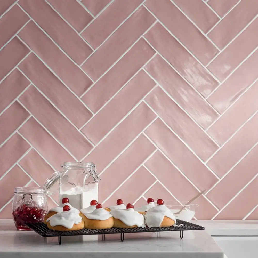 Poitiers Rose Pink Gloss Tile on kitchen wall